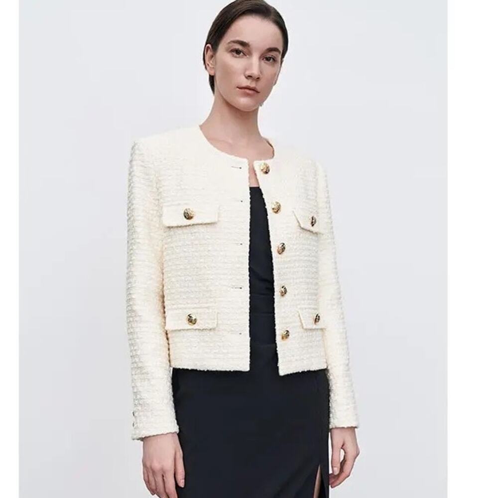 Urban Revivo White Tweed Blazer with Gold Buttons Size 8